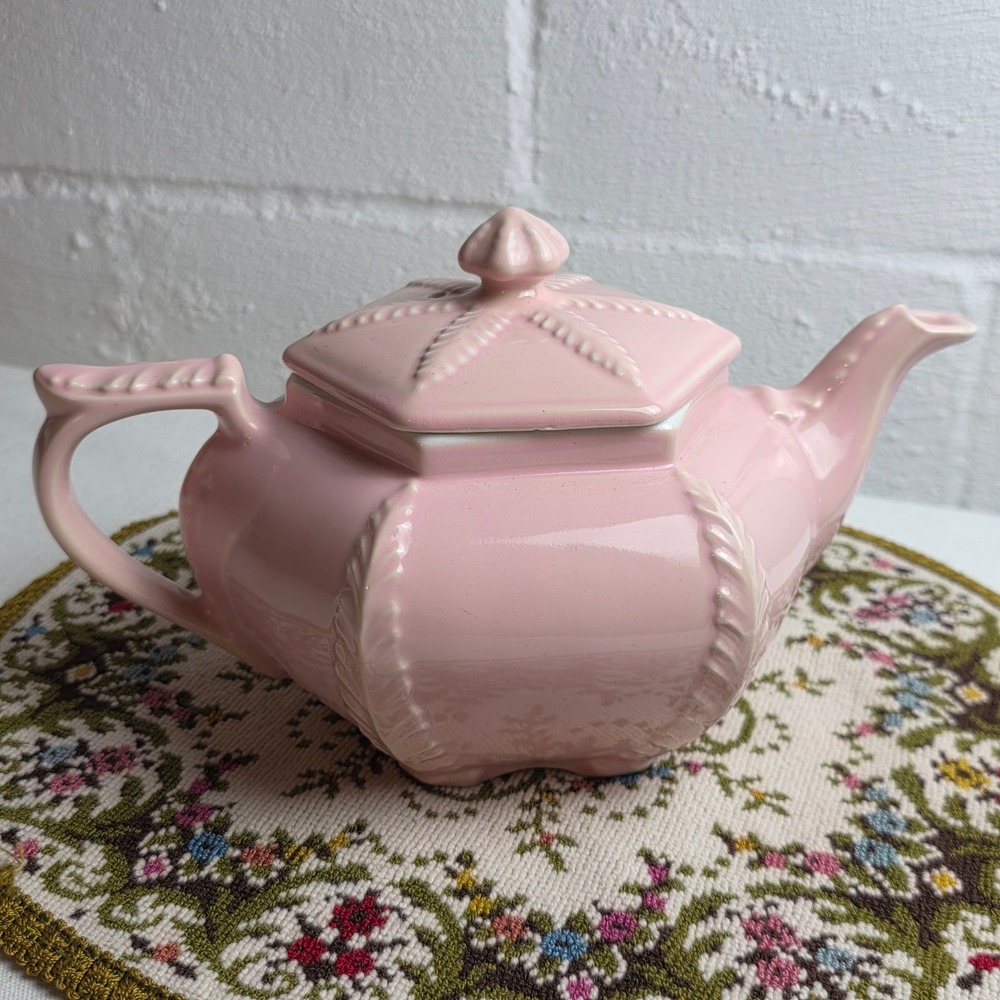 Vintage 40s Hall China Victorian Plume Rose Pink Hexagonal Teapot